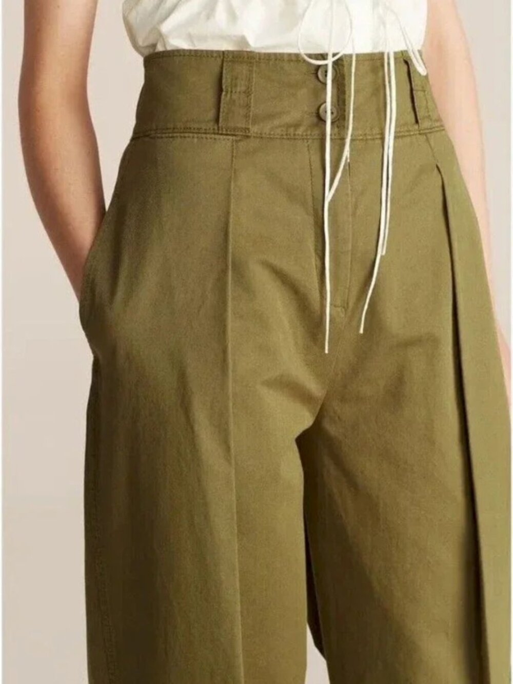 REBECCA TAYLOR Olive Green High-Waist Barrel Leg Cotton Twill Pants Size 4 - Picture 3 of 10